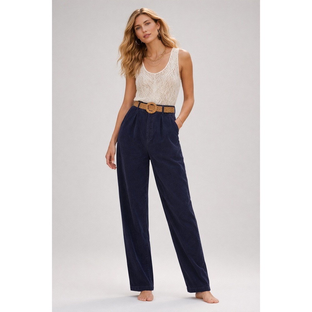 Vtg Lands' End Wide Wale Corduroy Pants Sz 10 Navy Blue Pleated High Rise Tall